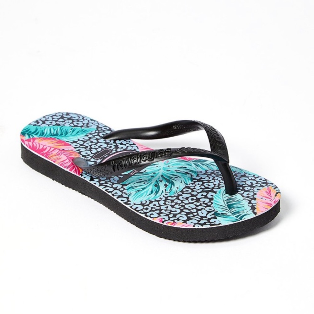 Havaianas Black & Pink Tropical Leopard Slim Flip Flop Youth Girls Size 2 New